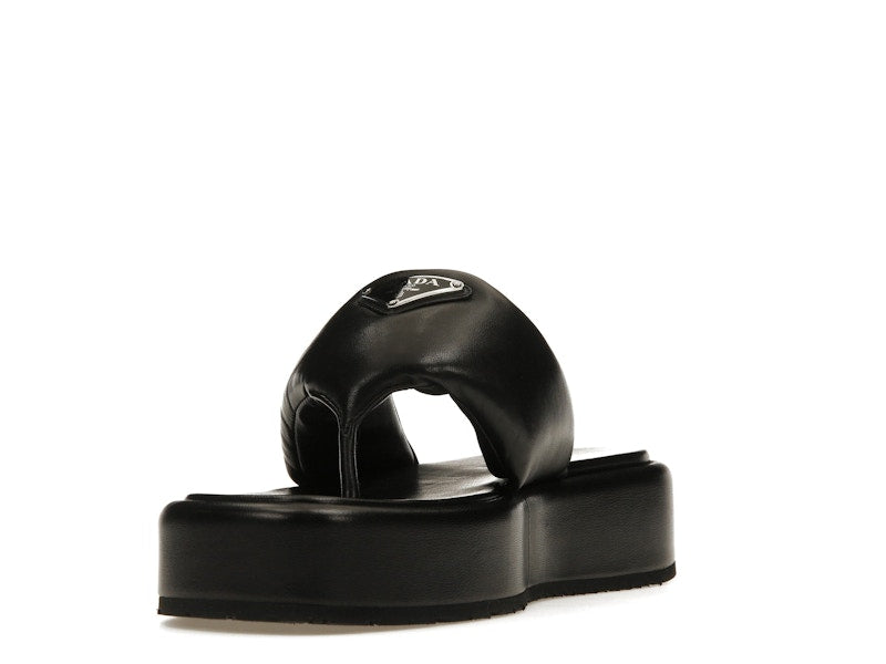 Prada Soft Padded 35mm Thong Wedge Sandals Black Nappa Leather