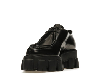 Prada Monolith 55mm Pointy Lace Up Loafer Black Brushed Leather