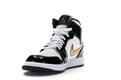 Jordan 1 Mid Patent Black White Gold