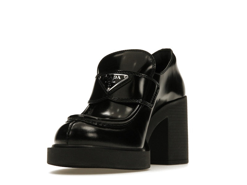 Prada Chocolate High-Heeled 85mm Loafers Black Brushed Leather