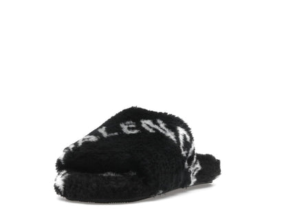Balenciaga Furry Slide Fake Fur Logo Allover Black White