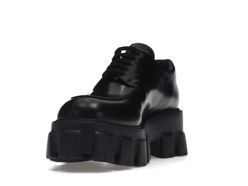 Prada Monolith 55mm Lace Up Loafer Black Brushed Leather