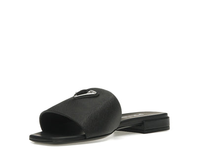 Prada Logo Slide Sandals Black Saffiano Leather