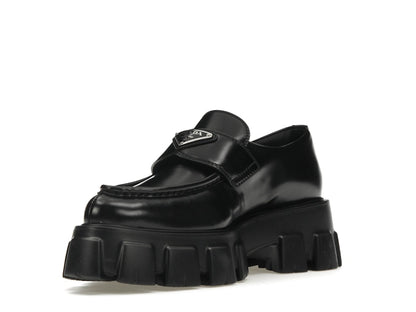 Prada Monolith 55mm Pointy Loafer Black Brushed Leather