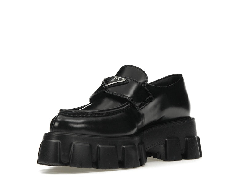 Prada Monolith 55mm Pointy Loafer Black Brushed Leather