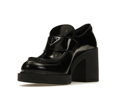 Prada Chocolate High-Heeled 85mm Loafers Black Brushed Leather