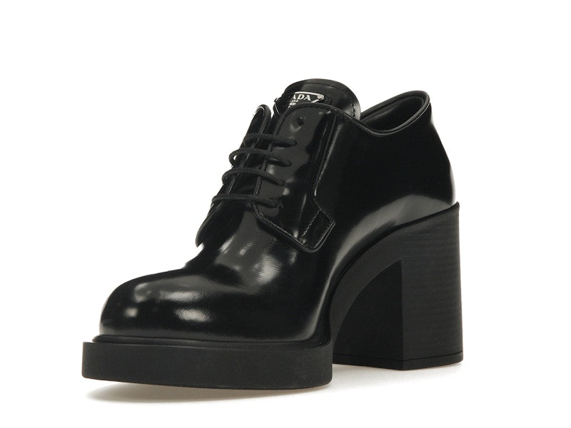 Prada Lace Up 85mm Heels Black Brushed Leather