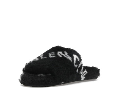 Balenciaga Furry Slide Fake Fur Logo Allover Black White