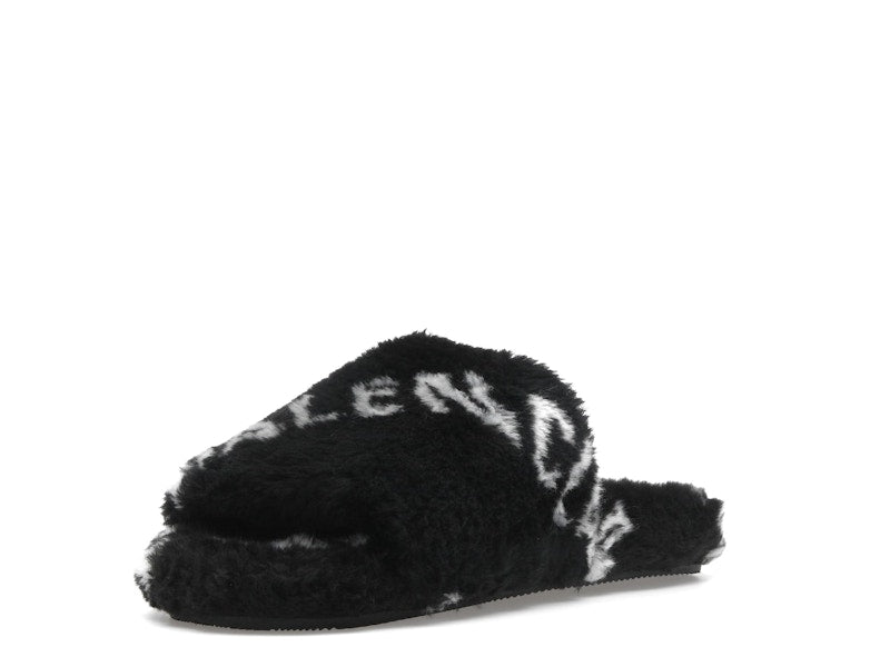 Balenciaga Furry Slide Fake Fur Logo Allover Black White