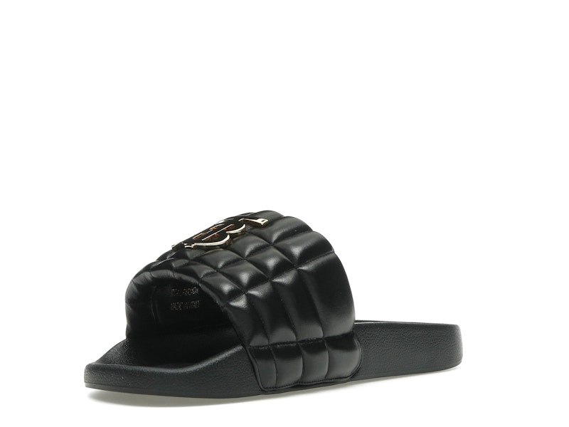 Burberry Monogram Motif Quilted Lambskin Slides Black Gold-tone