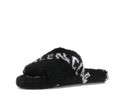 Balenciaga Furry Slide Fake Fur Logo Allover Black White