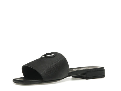 Prada Logo Slide Sandals Black Saffiano Leather