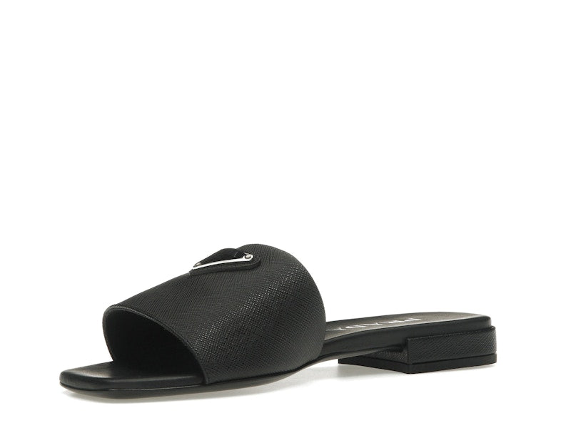 Prada Logo Slide Sandals Black Saffiano Leather