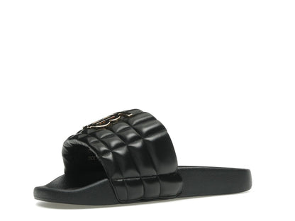 Burberry Monogram Motif Quilted Lambskin Slides Black Gold-tone