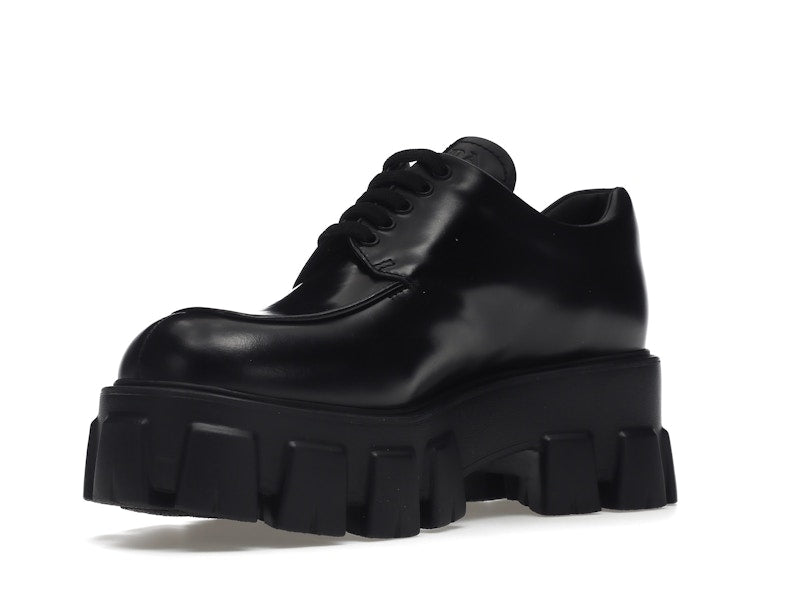 Prada Monolith 55mm Lace Up Loafer Black Brushed Leather
