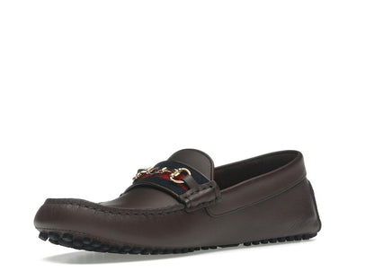 Gucci Ayrton Webbing-Trimmed Horsebit Leather Driver Loafers Brown