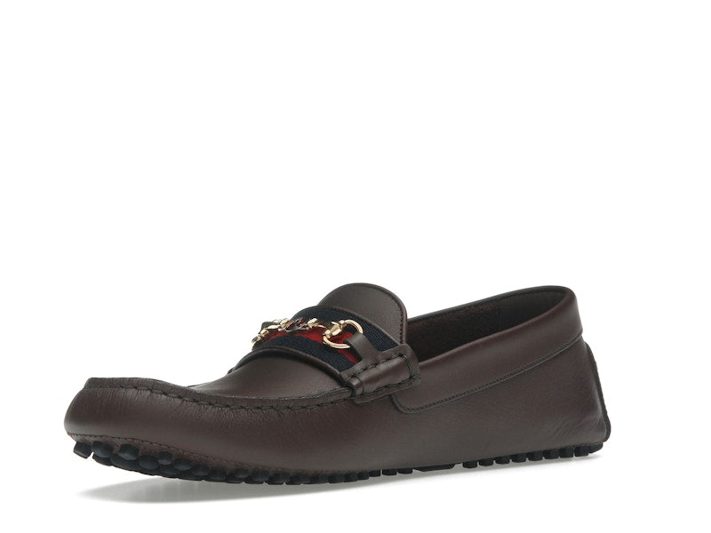 Gucci Ayrton Webbing-Trimmed Horsebit Leather Driver Loafers Brown