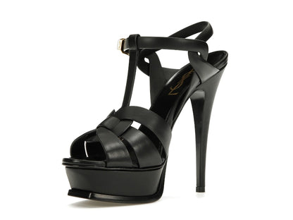 Saint Laurent Tribute Platform Sandal Heels Black Leather