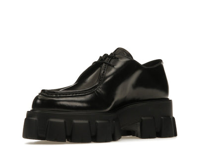 Prada Monolith 55mm Pointy Lace Up Loafer Black Brushed Leather