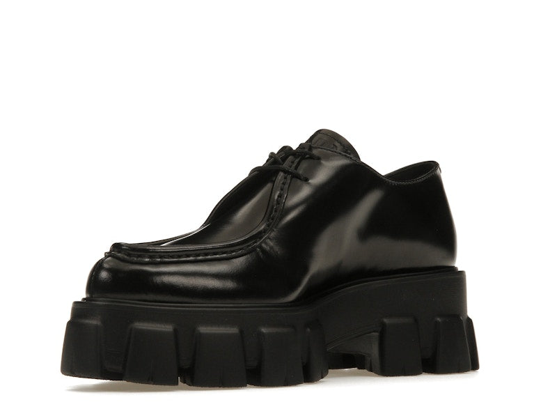 Prada Monolith 55mm Pointy Lace Up Loafer Black Brushed Leather