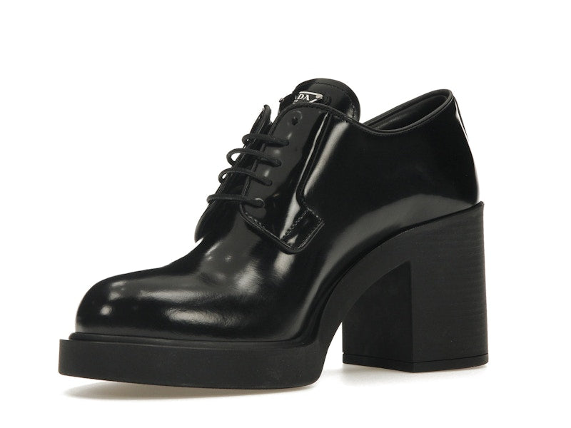 Prada Lace Up 85mm Heels Black Brushed Leather