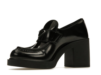 Prada Chocolate High-Heeled 85mm Loafers Black Brushed Leather