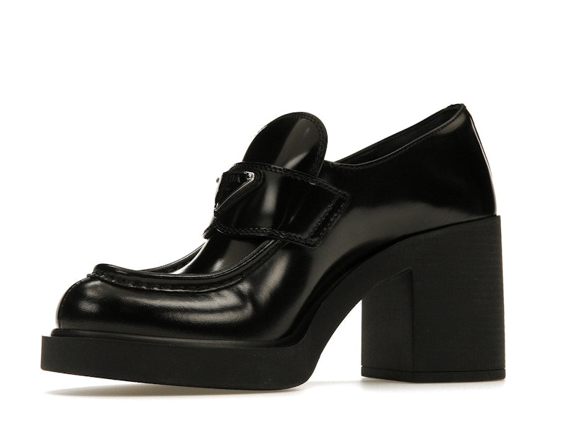 Prada Chocolate High-Heeled 85mm Loafers Black Brushed Leather