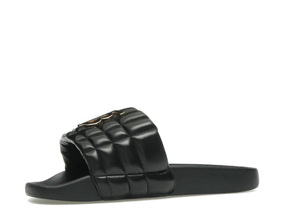 Burberry Monogram Motif Quilted Lambskin Slides Black Gold-tone