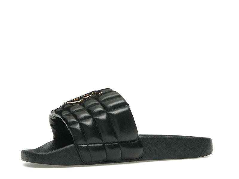 Burberry Monogram Motif Quilted Lambskin Slides Black Gold-tone
