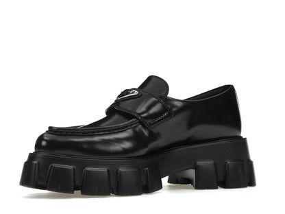 Prada Monolith 55mm Pointy Loafer Black Brushed Leather