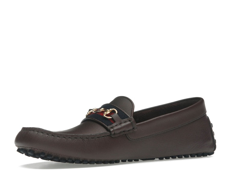 Gucci Ayrton Webbing-Trimmed Horsebit Leather Driver Loafers Brown