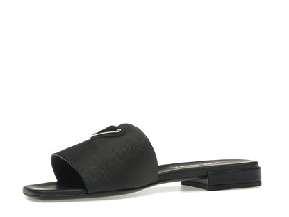 Prada Logo Slide Sandals Black Saffiano Leather