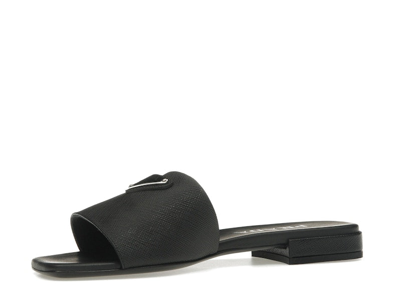 Prada Logo Slide Sandals Black Saffiano Leather