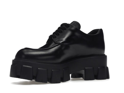 Prada Monolith 55mm Lace Up Loafer Black Brushed Leather