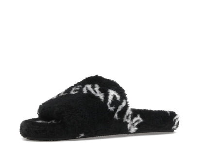 Balenciaga Furry Slide Fake Fur Logo Allover Black White