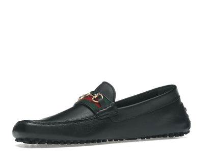 Gucci Ayrton Webbing-Trimmed Horsebit Leather Driver Loafers Black
