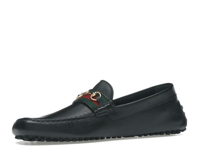 Gucci Ayrton Webbing-Trimmed Horsebit Leather Driver Loafers Black