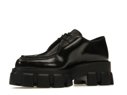 Prada Monolith 55mm Pointy Lace Up Loafer Black Brushed Leather