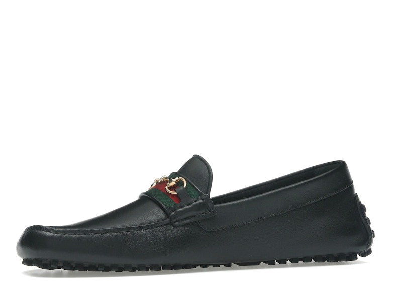 Gucci Ayrton Webbing-Trimmed Horsebit Leather Driver Loafers Black