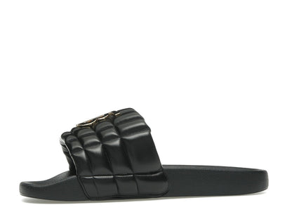 Burberry Monogram Motif Quilted Lambskin Slides Black Gold-tone