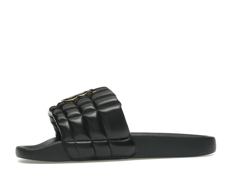 Burberry Monogram Motif Quilted Lambskin Slides Black Gold-tone