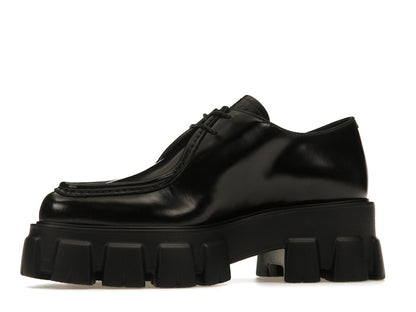 Prada Monolith 55mm Pointy Lace Up Loafer Black Brushed Leather