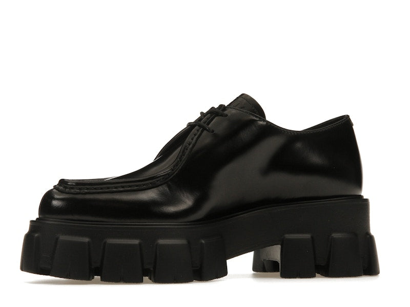Prada Monolith 55mm Pointy Lace Up Loafer Black Brushed Leather