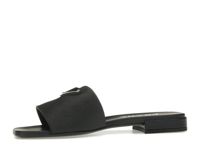 Prada Logo Slide Sandals Black Saffiano Leather