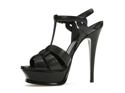 Saint Laurent Tribute Platform Sandal Heels Black Leather