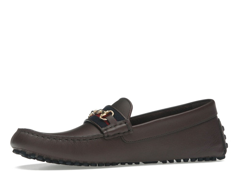 Gucci Ayrton Webbing-Trimmed Horsebit Leather Driver Loafers Brown