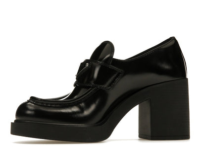 Prada Chocolate High-Heeled 85mm Loafers Black Brushed Leather