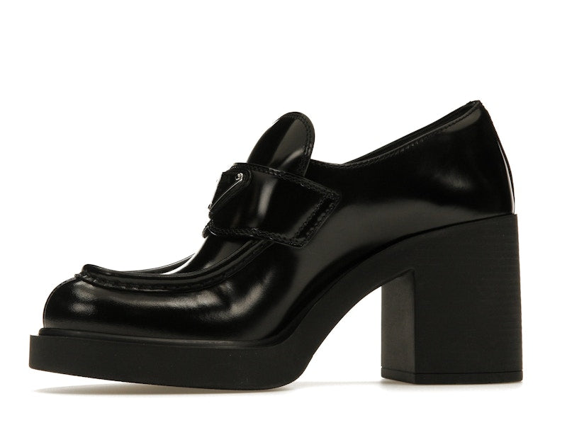 Prada Chocolate High-Heeled 85mm Loafers Black Brushed Leather