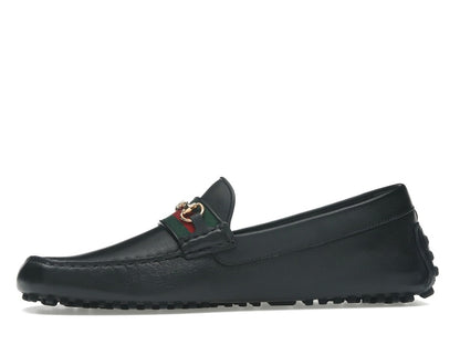 Gucci Ayrton Webbing-Trimmed Horsebit Leather Driver Loafers Black