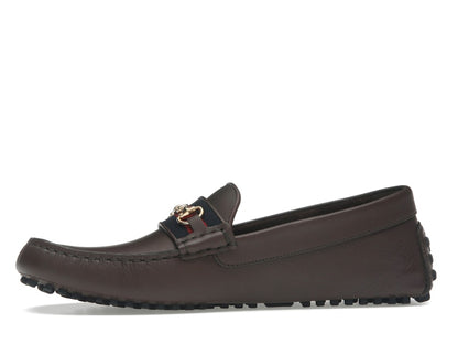 Gucci Ayrton Webbing-Trimmed Horsebit Leather Driver Loafers Brown